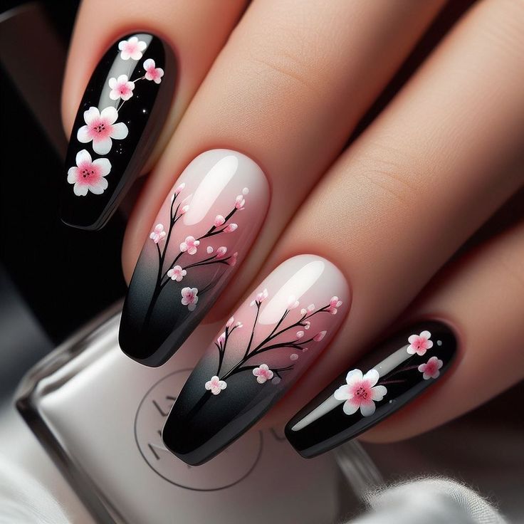 Captivating Floral Nail Art: Cherry Blossoms on a Striking Gradient Background.