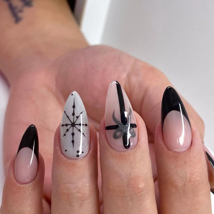 Stylish Geometric Nail Design: Bold Fusion of Pointed and Almond Shapes in Nude, Black, and Silver