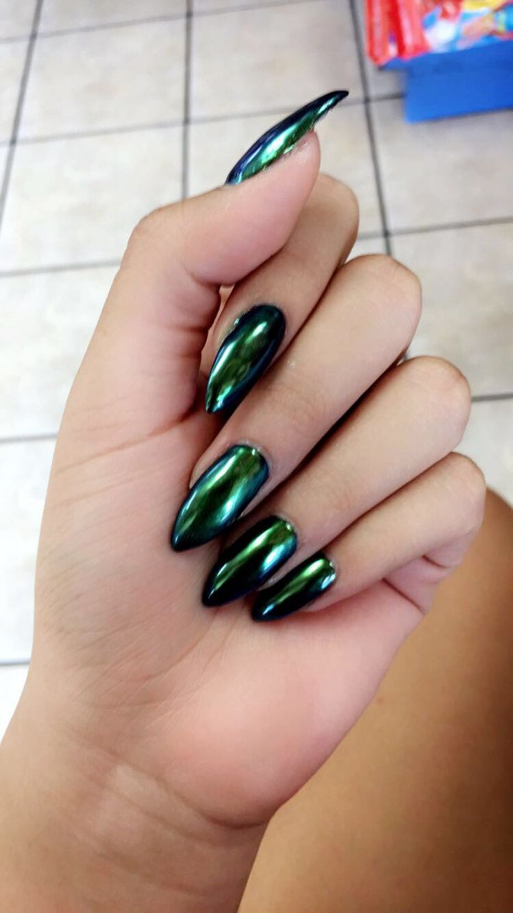 Stunning Metallic Green Almond Nail Design with Glossy Iridescent Finish.