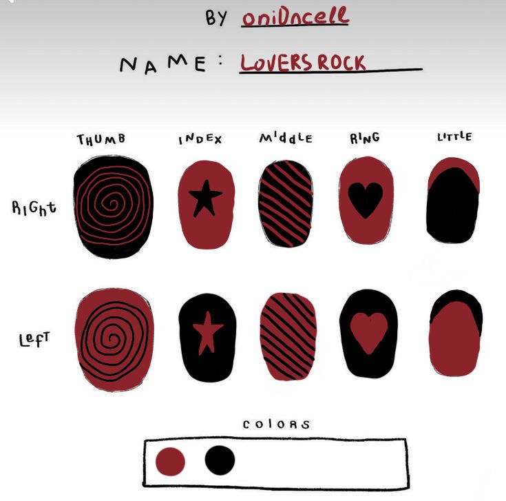 Bold and Playful Eclectic Nail Design with Deep Red and Black Patterns.