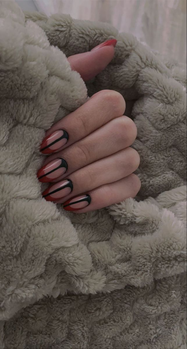 Elegant Geometric Nail Design in Beige, Red, and Black