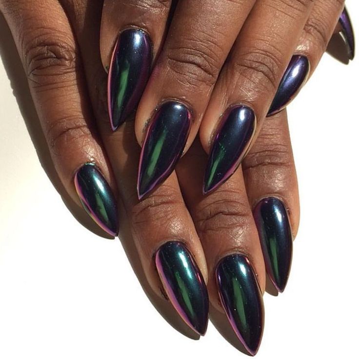 Mesmerizing Holographic Pointed Nails in Navy and Purple: A Bold Statement of Elegance.