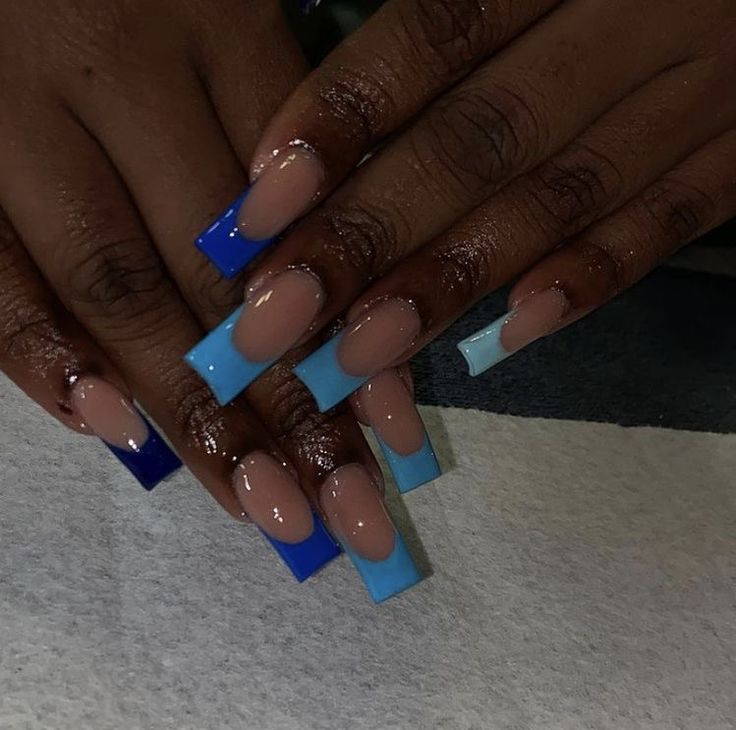 Chic Bold Nail Design: Elongated Square Tips in Nude and Blue Shades with Glossy Finish