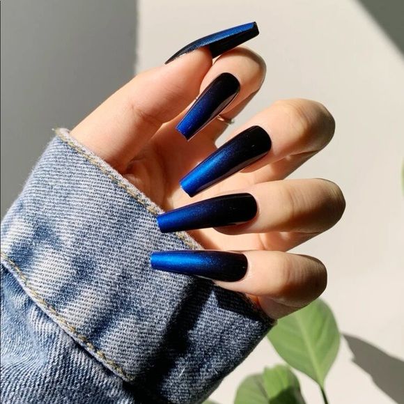 Elegant Stiletto Blue Nail Design with Shimmering Gradient Finish for a Chic Denim Look.