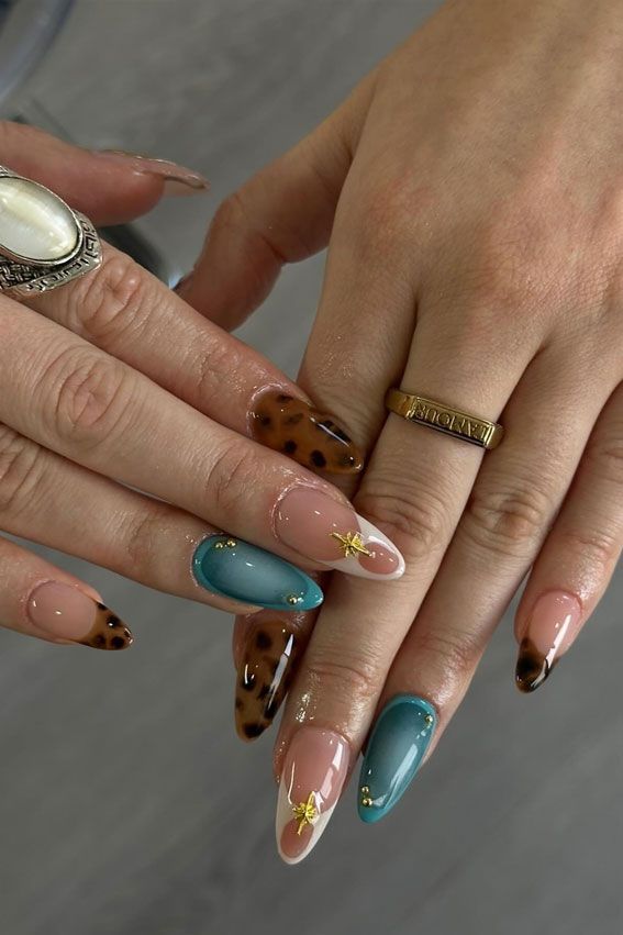 Chic Nail Design: Trendy Shapes, Glossy Nude, Teal, Animal Print, and Gold Accents