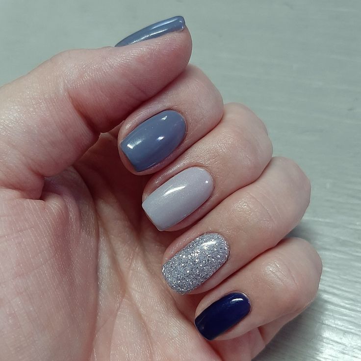 Chic Blue and Gray Nail Design with Shimmering Silver Accent