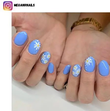 Cheerful Bright Blue Nail Design with Playful Daisy Patterns for a Fresh, Fun Look.