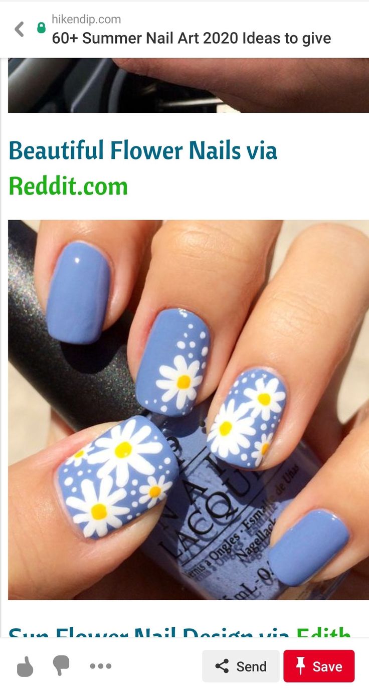 Vibrant Summer Nail Design: Soft Blue Base with Cheerful White Daisies