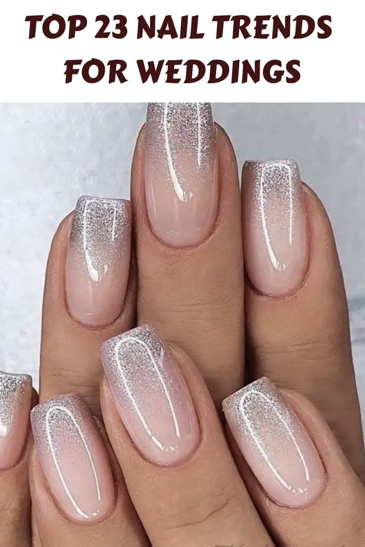 Elegant Wedding Nail Design: Soft Gradient with Shimmering Silver Accents on Square-Shaped Nails