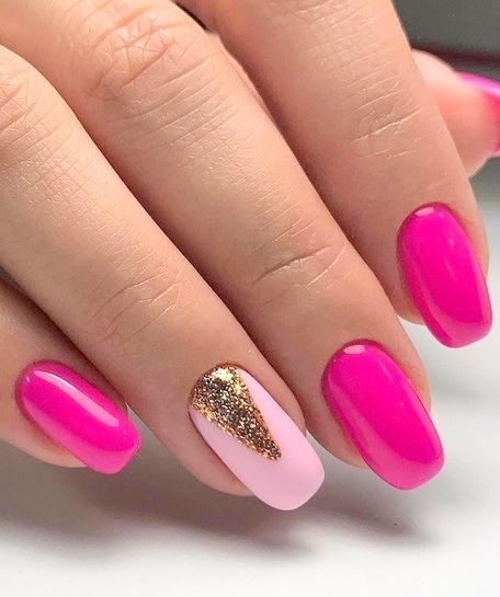 Playful Vibrant Pink Nail Design with Glamorous Gold Glitter Accent.