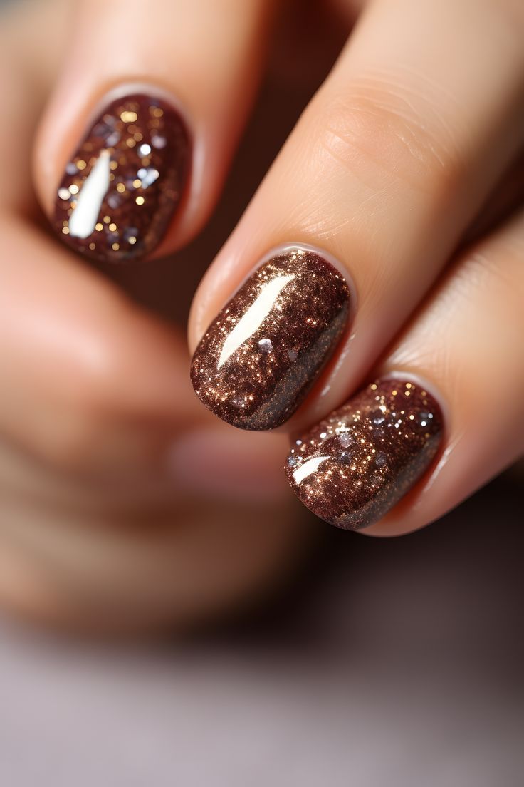 Luxurious Sparkling Brown Nail Design: Glitter Meets Gloss for Festive Elegance.