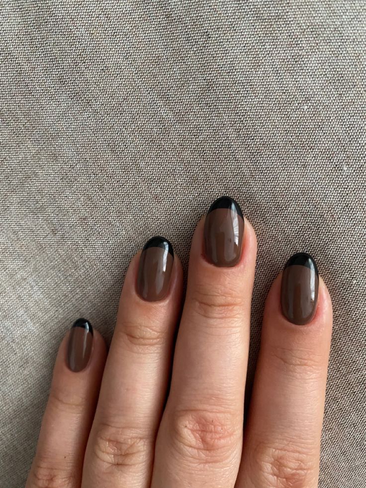 Chic Elegant Brown Base with Bold Black Tips Nail Design.