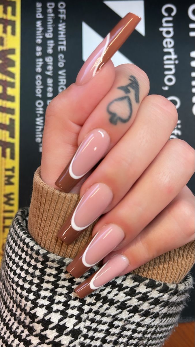 Chic French Manicure: Nude and Brown Elegance with Delicate White Accents