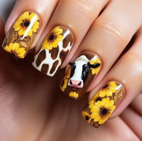 Whimsical Animal-Inspired Nail Art with Cow and Giraffe Patterns Accented by Bright Sunflowers.