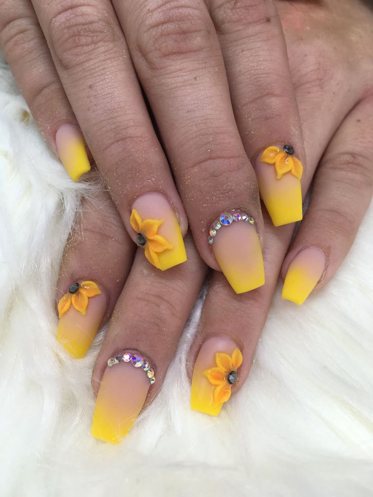 Cheerful Yellow Ombre Nails with 3D Flowers and Rhinestones for a Playful Aesthetic