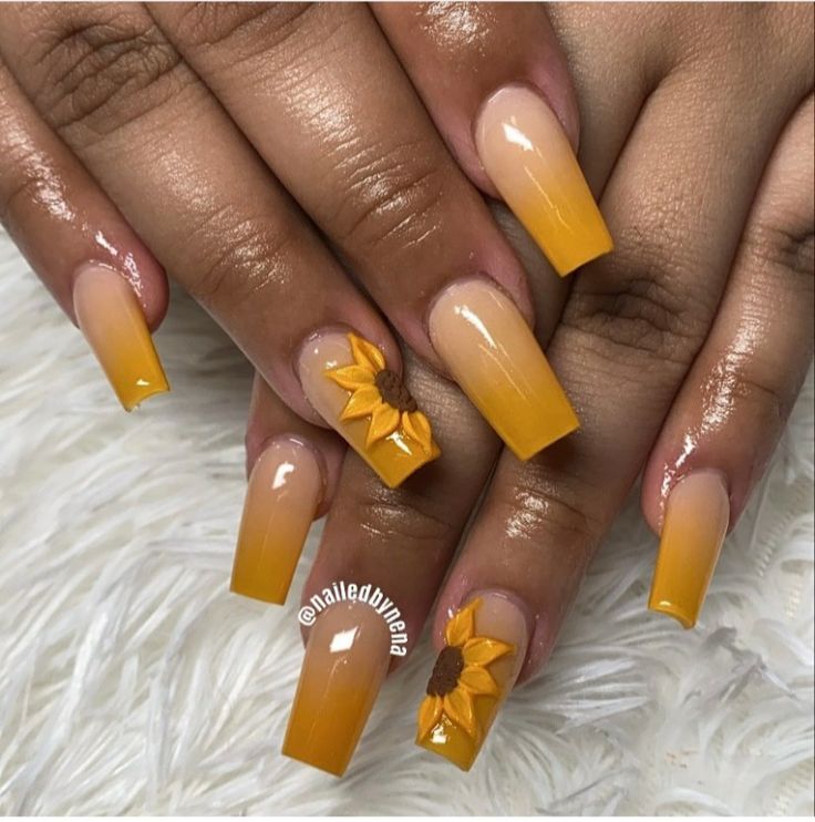 Sunny Yellow Ombre Nails with Playful Sunflower Accents for a Cheerful Summer Look