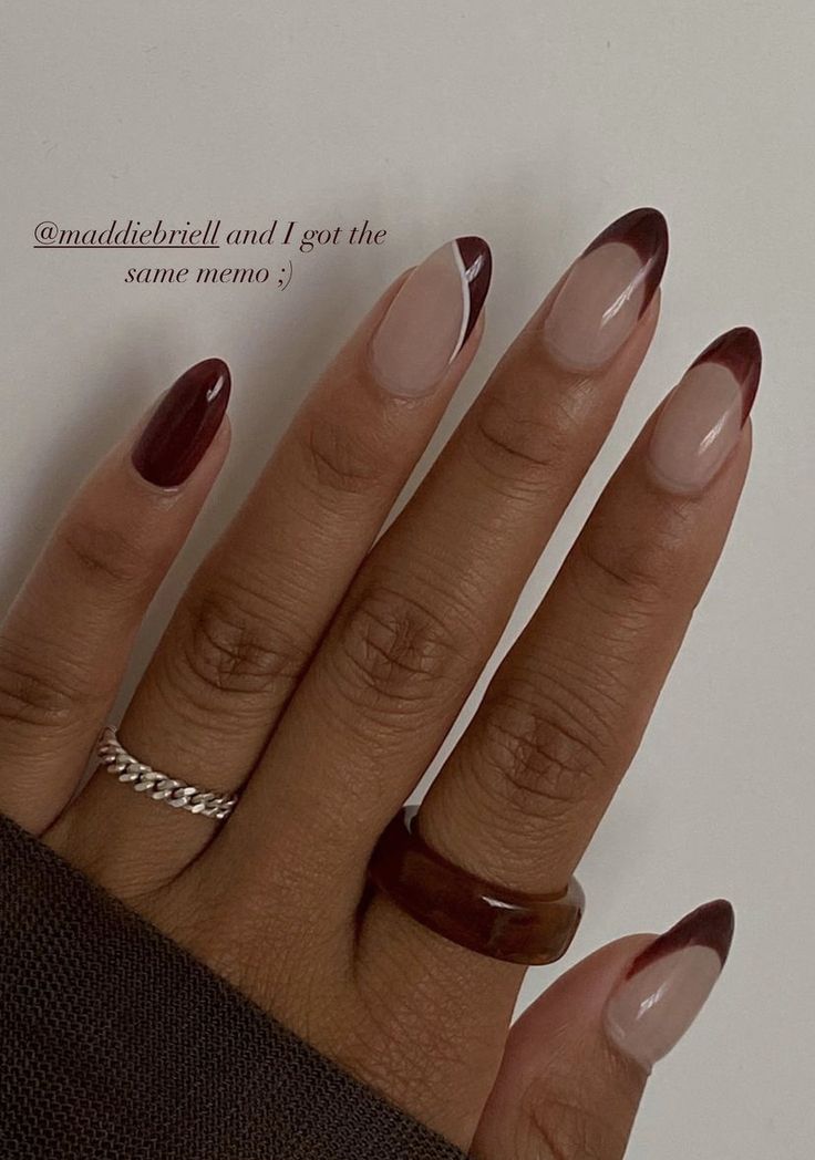 Chic Almond Nail Design with Deep Burgundy and Soft Nude Palette Plus Bold French Tips