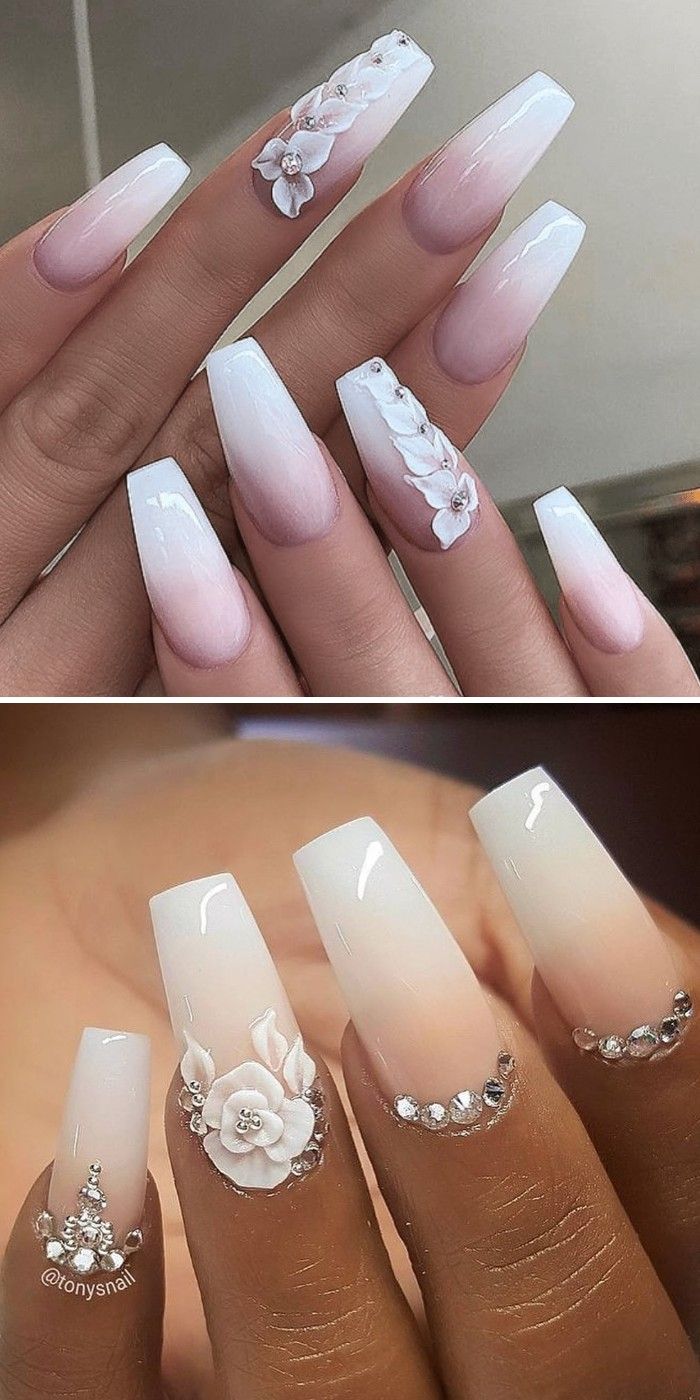 Sophisticated Ombre Nails: A Romantic Blend of White, Pink, Floral Designs, and Gemstone Accents.