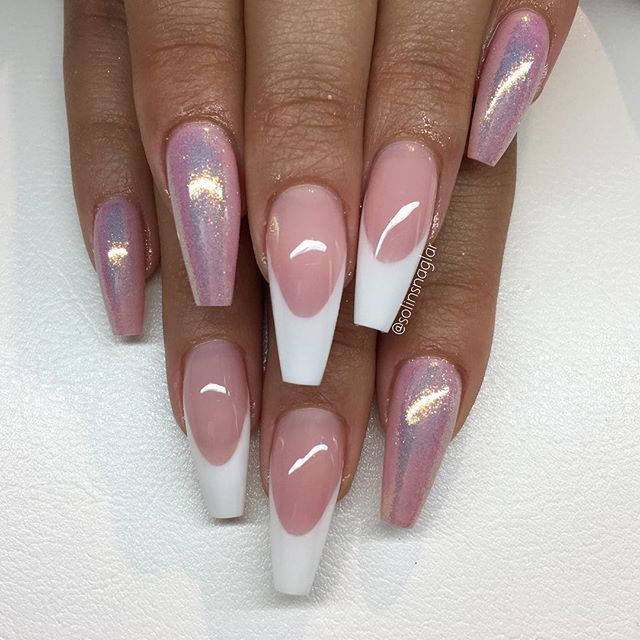 Chic Elegant Nail Design: Soft Pale Pink with Striking White Tips and Holographic Finish.