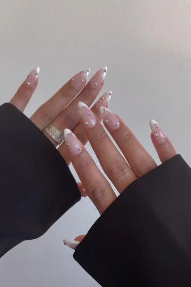 Sophisticated Elegant French Tip Nails with Delicate Rhinestones