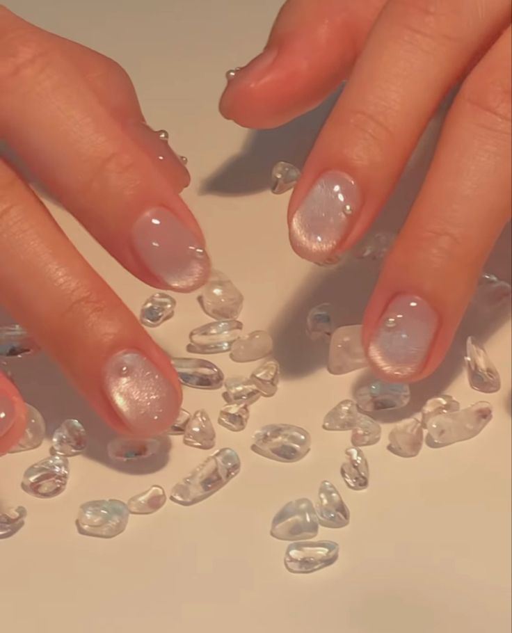 Chic Gradient Pastel Nail Design with Sparkling Crystal Accents