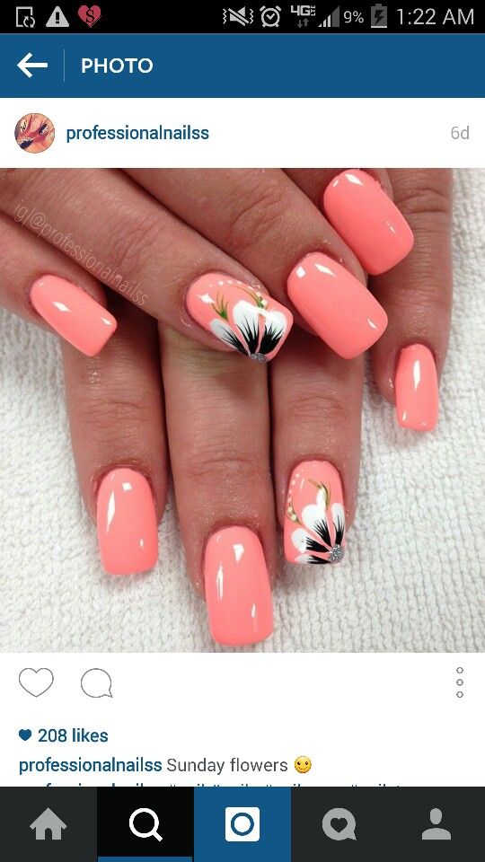 Charming Coral Nails with Floral Accents for an Elegant, Whimsical Look.