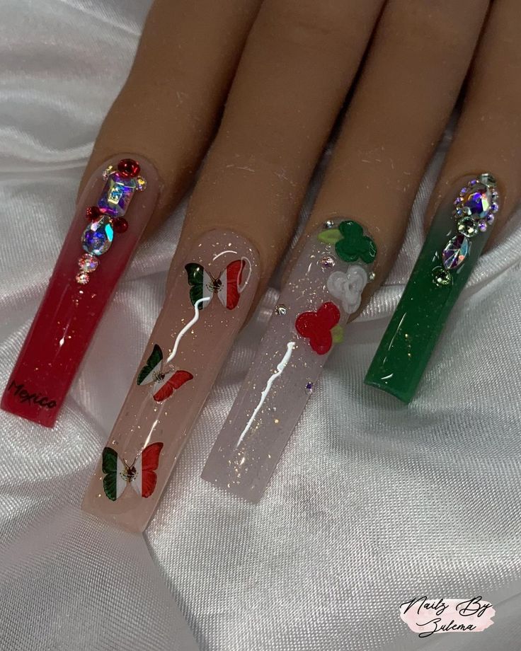 Vibrant and Festive Nail Design with Unique Shapes, Embellishments, and Colorful Elements.