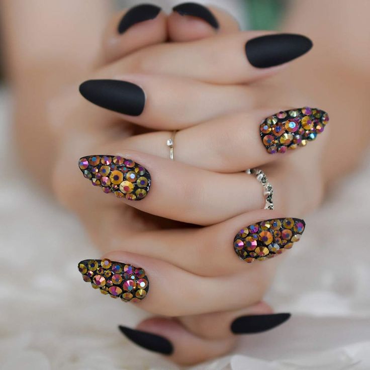 Bold Statement Nails: Elegant Matte Black with Glamorous Gemstones