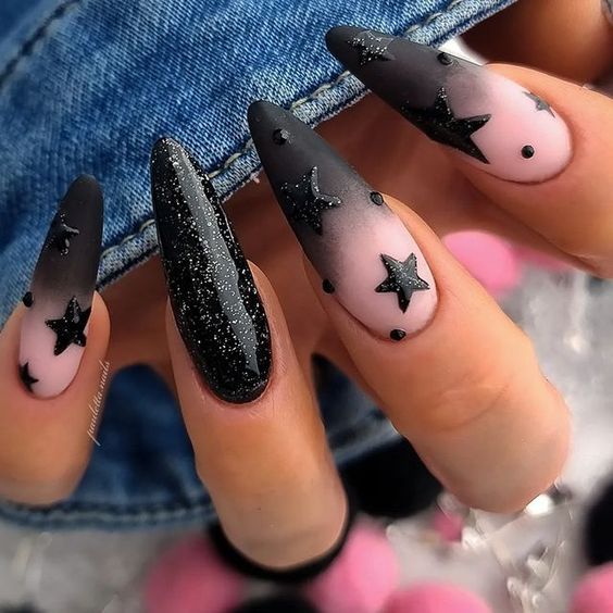 Chic Starry Gradient Ombre Nail Design: Pink to Black with Glossy and Matte Finishes