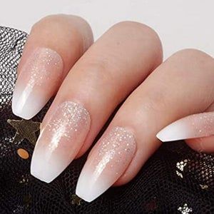 Sophisticated Gradient Nail Design with Glitter and Soft White Tips