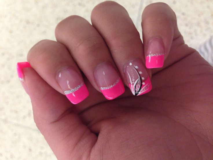 Glossy Bright Pink Nail Design with Elegant Silver Embellishments and Leaf Motif