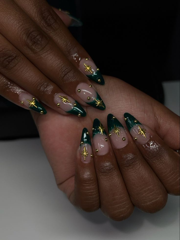 Dark Green Nails With Gold Design