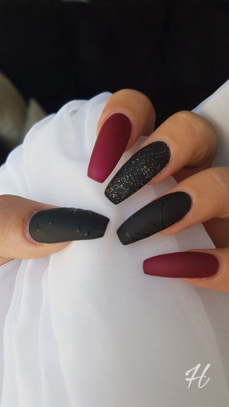 Dark Red Nails Matte With Glitter