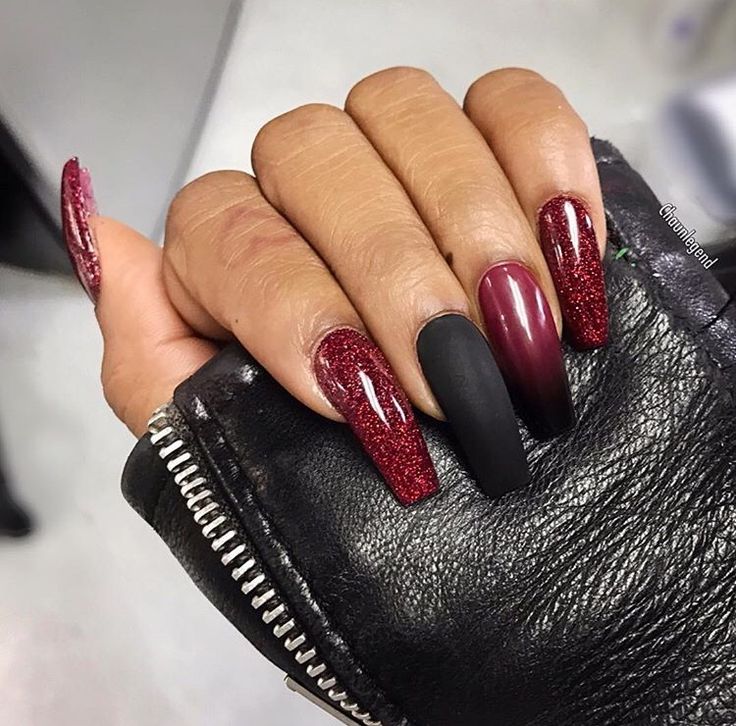 Glamorous Burgundy and Black Nail Design with Glossy, Matte, and Glitter Finishes