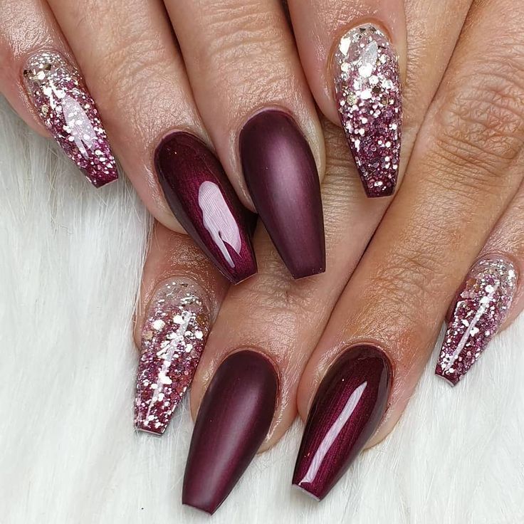 Sophisticated Burgundy Matte Nail Design with Glitter Accents for Glamorous Occasions.