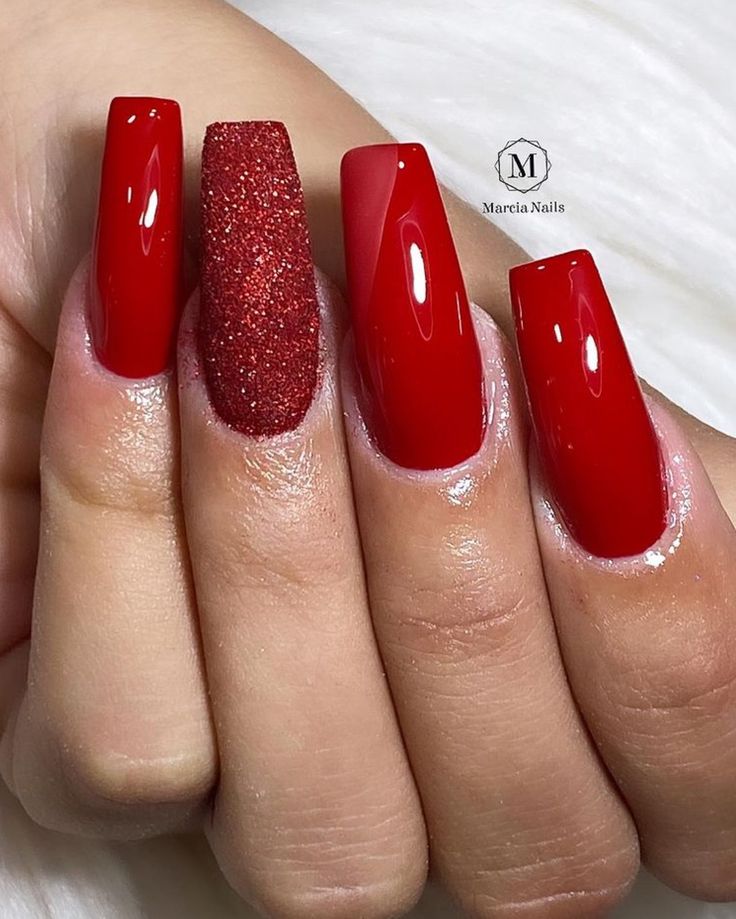 Chic Red Nail Design with Glossy and Glitter Finishes for a Bold Look.