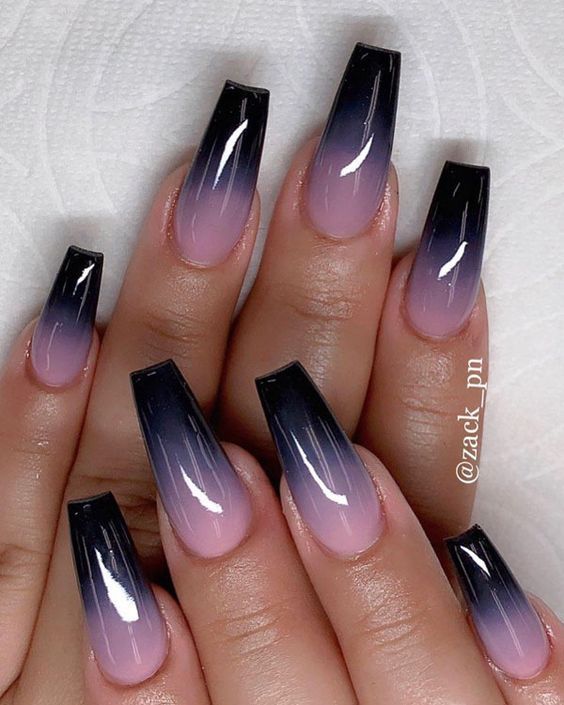 Chic Ombre Nail Design: Soft Pink to Deep Black Gradient with Tapered Square Shape.