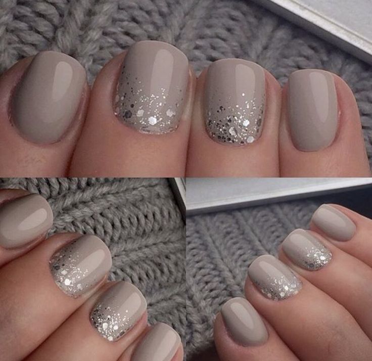 Sophisticated Elegant Nude Nails with Glossy Gradient and Silver Glitter Tips.