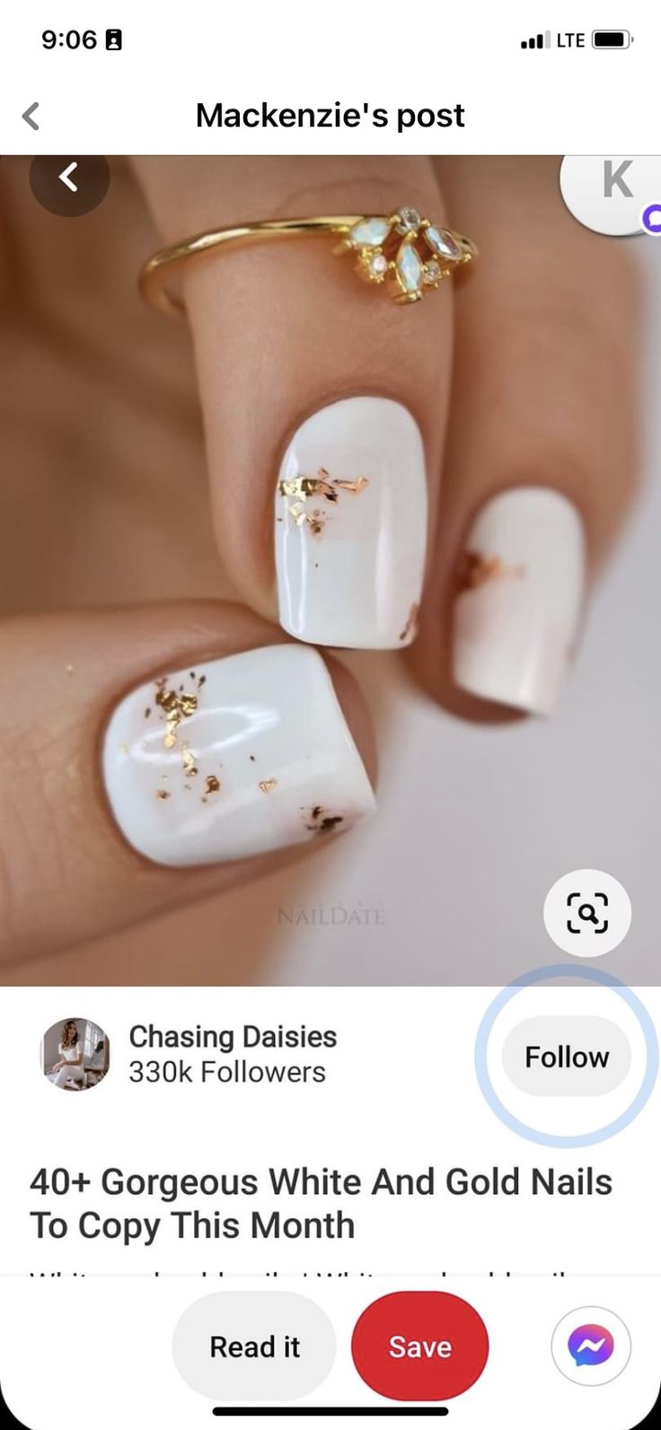 Sophisticated White Nail Design with Gold Accents and Flakes for Any Occasion.