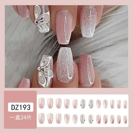 Sophisticated Soft Pink Nail Design with Glitter and Butterfly Motifs