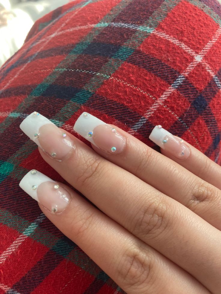 Sophisticated Long Squared French Manicure with Rhinestone Embellishments.