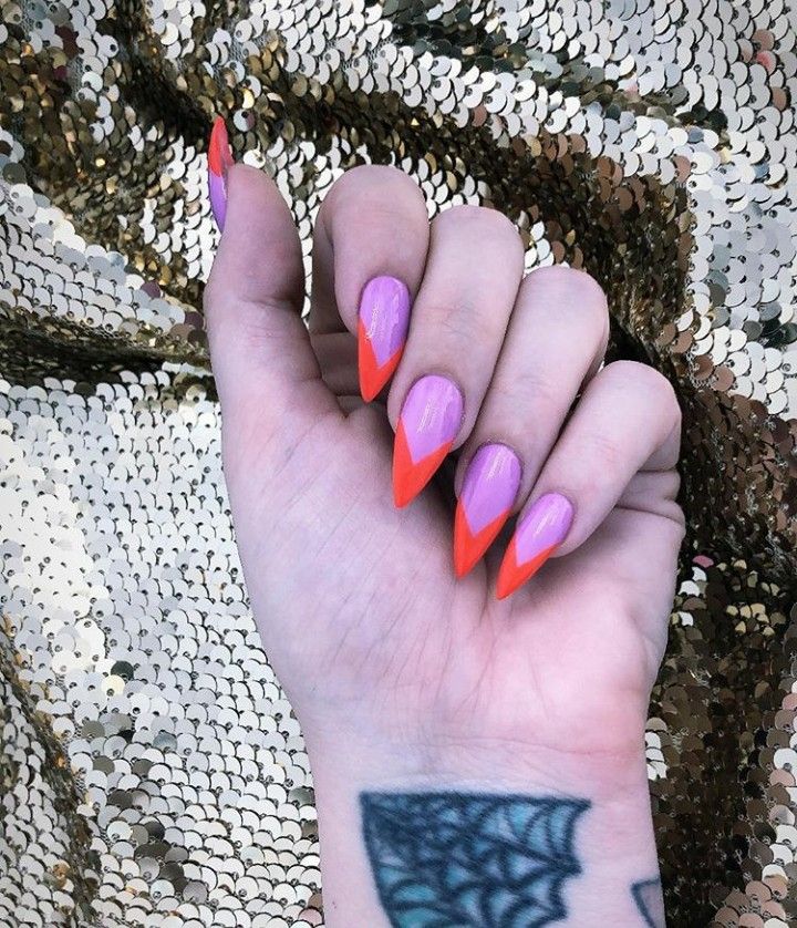 Bold Lavender and Neon Orange Pointed Nail Design: Edgy Elegance Meets Playful Sophistication.