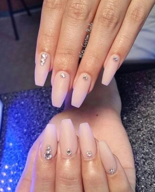 Sophisticated Elegant Nude Nail Design with Rhinestones and Matte Finish