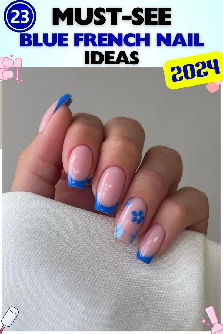 Modern Blue French Manicure: Stylish Floral Accents for 2024 Trends