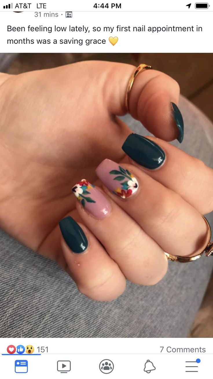 Elegant Deep Teal and Soft Pink Nail Design with Whimsical Floral Art.