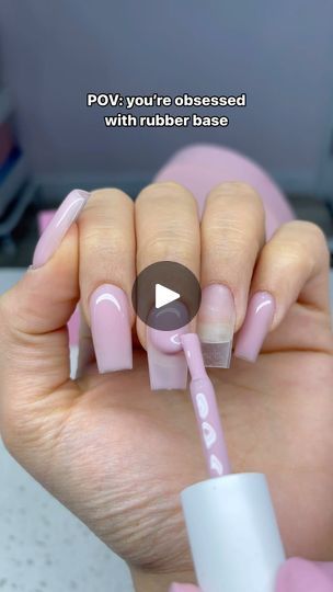 Chic Soft Pink Nail Design: Long Glossy Nails with Durable Rubber Base Finish.