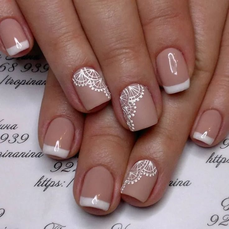 Elegant Nude Nail Design with Intricate White Lace and French Tips