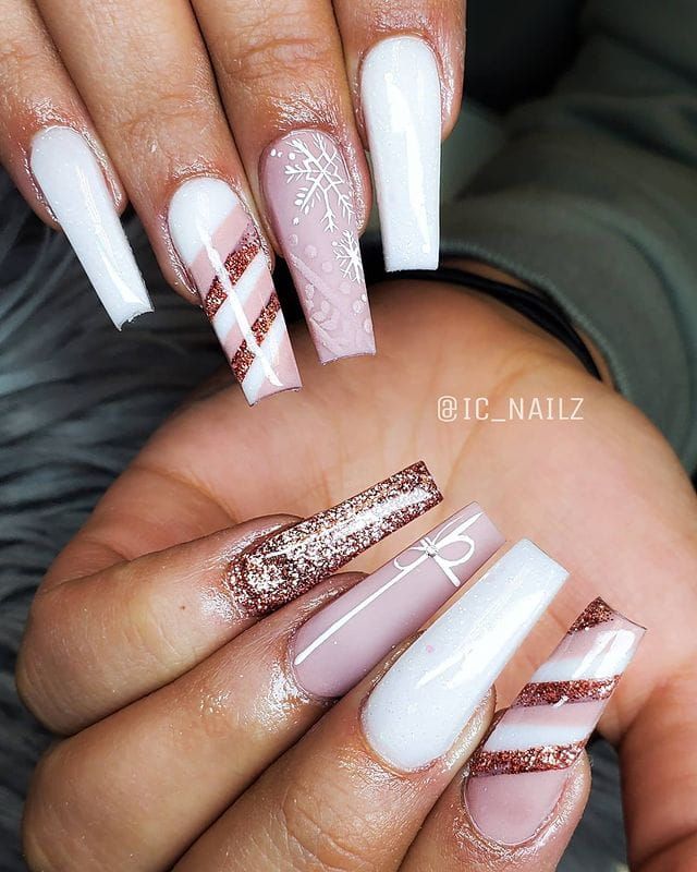 Elegant Holiday Nail Design: Glitter and Matte with Snowflakes and Candy Canes