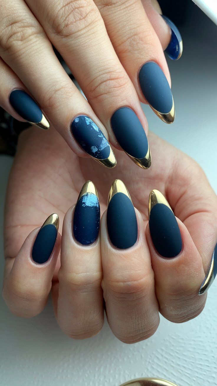 Chic Matte Navy nails with Gold Tips and Glossy Blue Accents for a Modern Aesthetic.