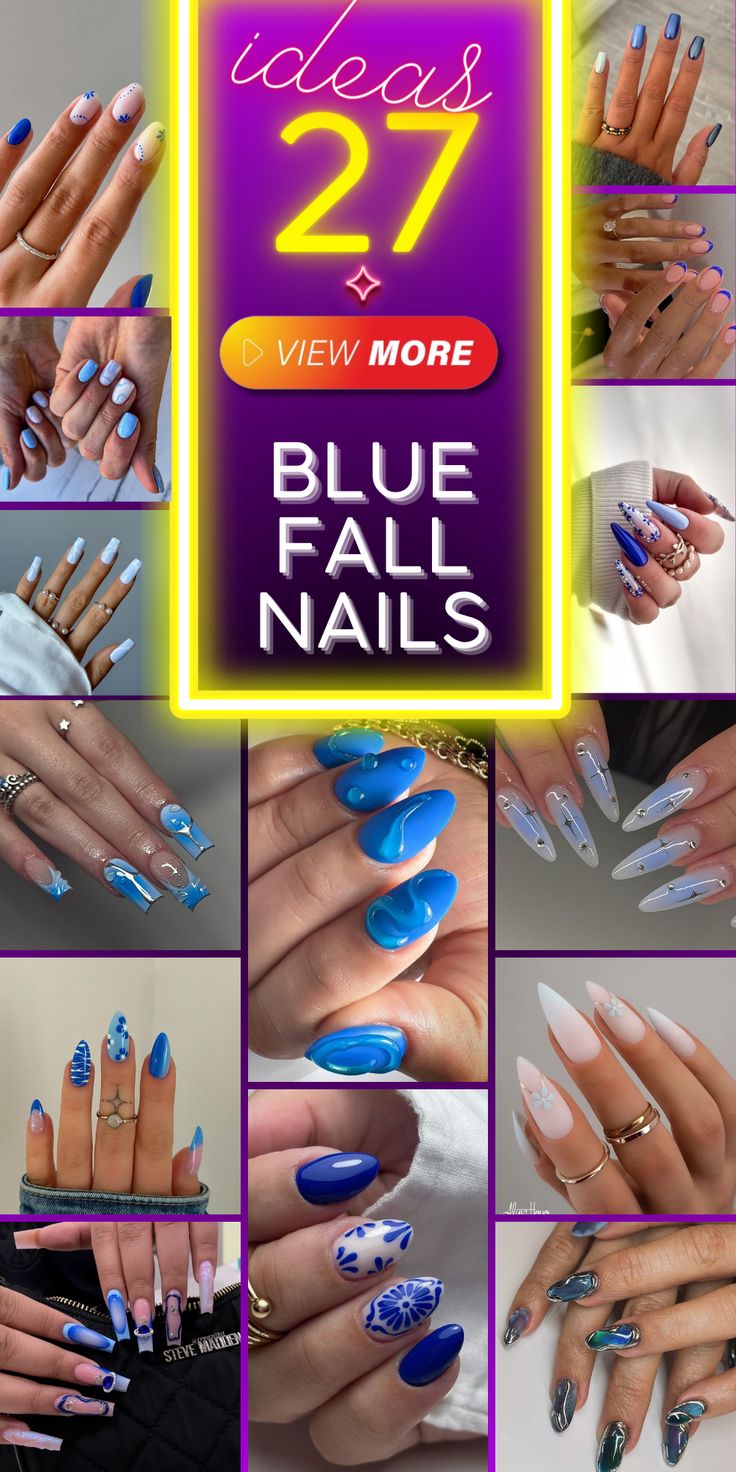 Versatile Blue Fall Nail Designs: A Blend of Styles and Shades for Autumn Elegance.